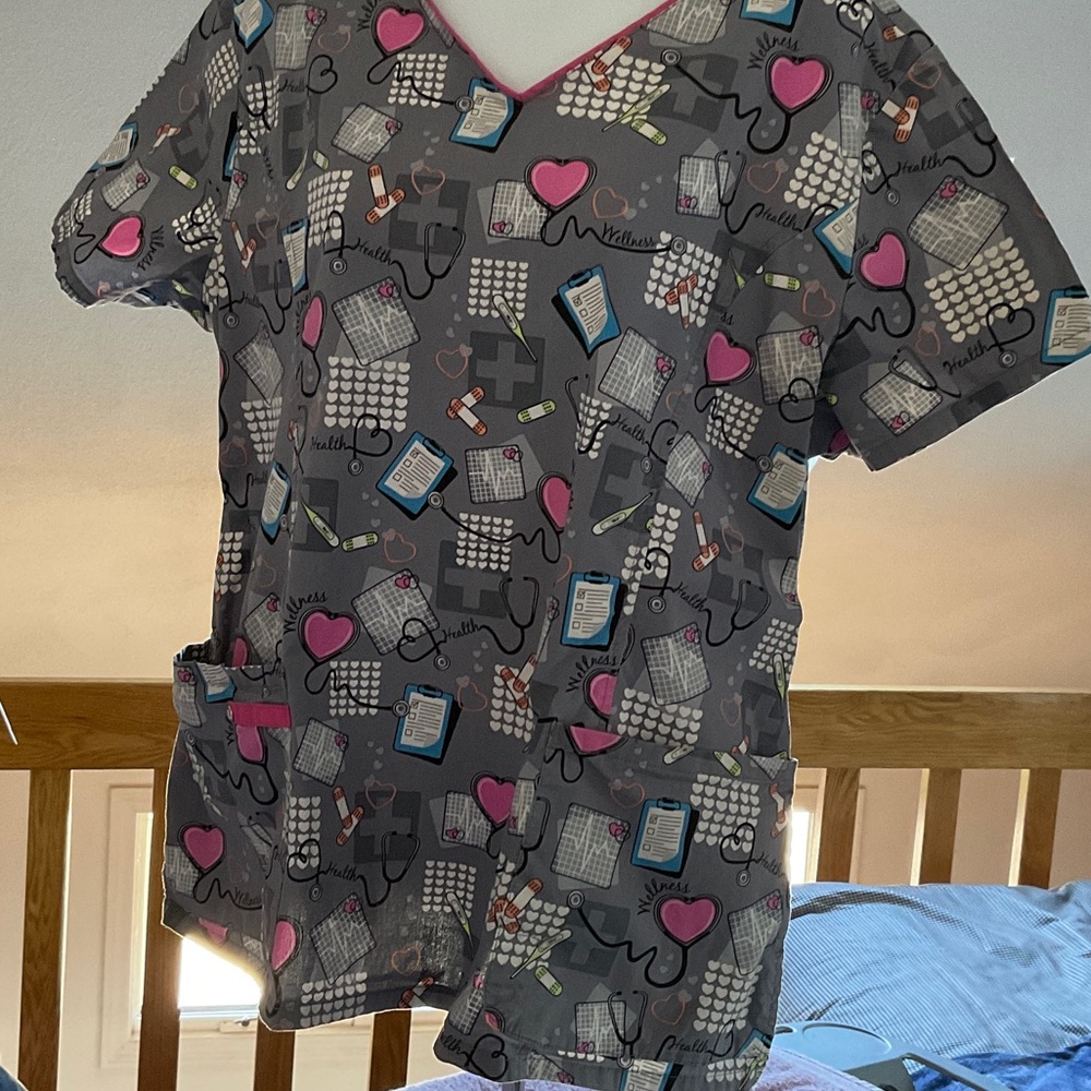 Scrubstar Gray and Pink Patterned Scrub Top